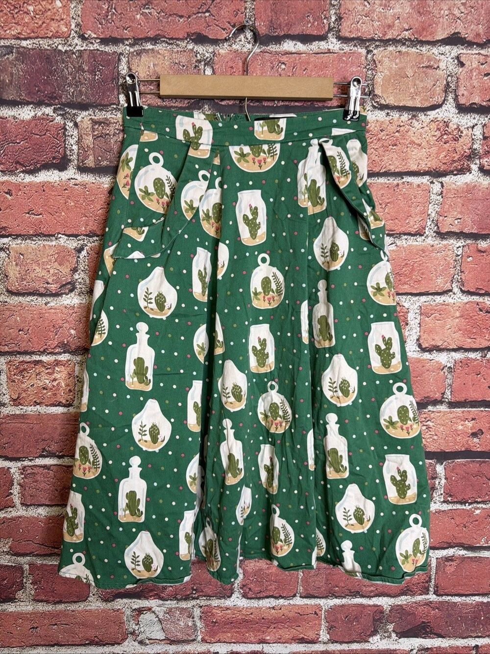 Collectif Cactus Terrium Green Circle Skirt Garden Succulent Plant Print Size XS